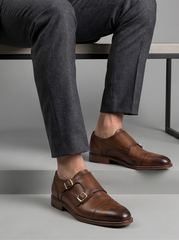 Tan Burnished Double Monk Cap-Toe