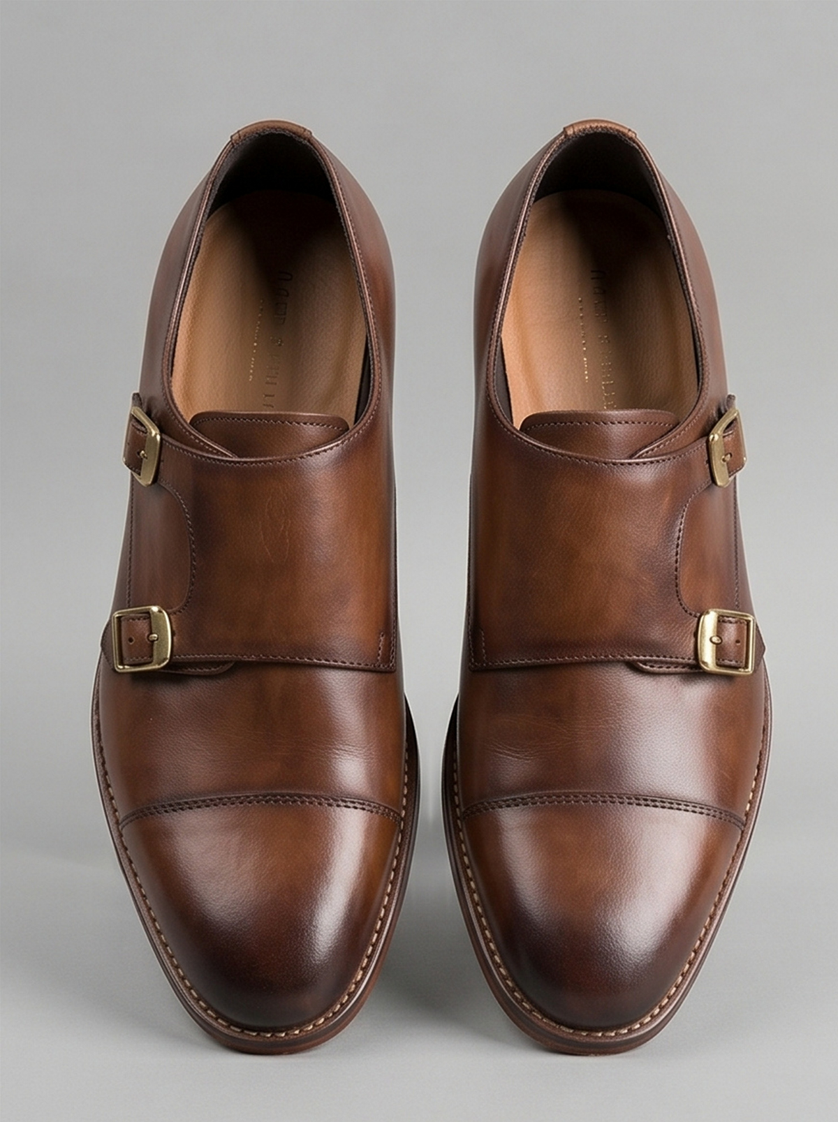 Tan Burnished Double Monk Cap-Toe